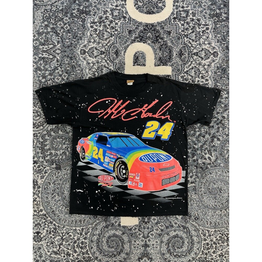 Vintage 90s NASCAR Nutmeg Jeff Gordon All Over print Tshirt Size XL Black /pink